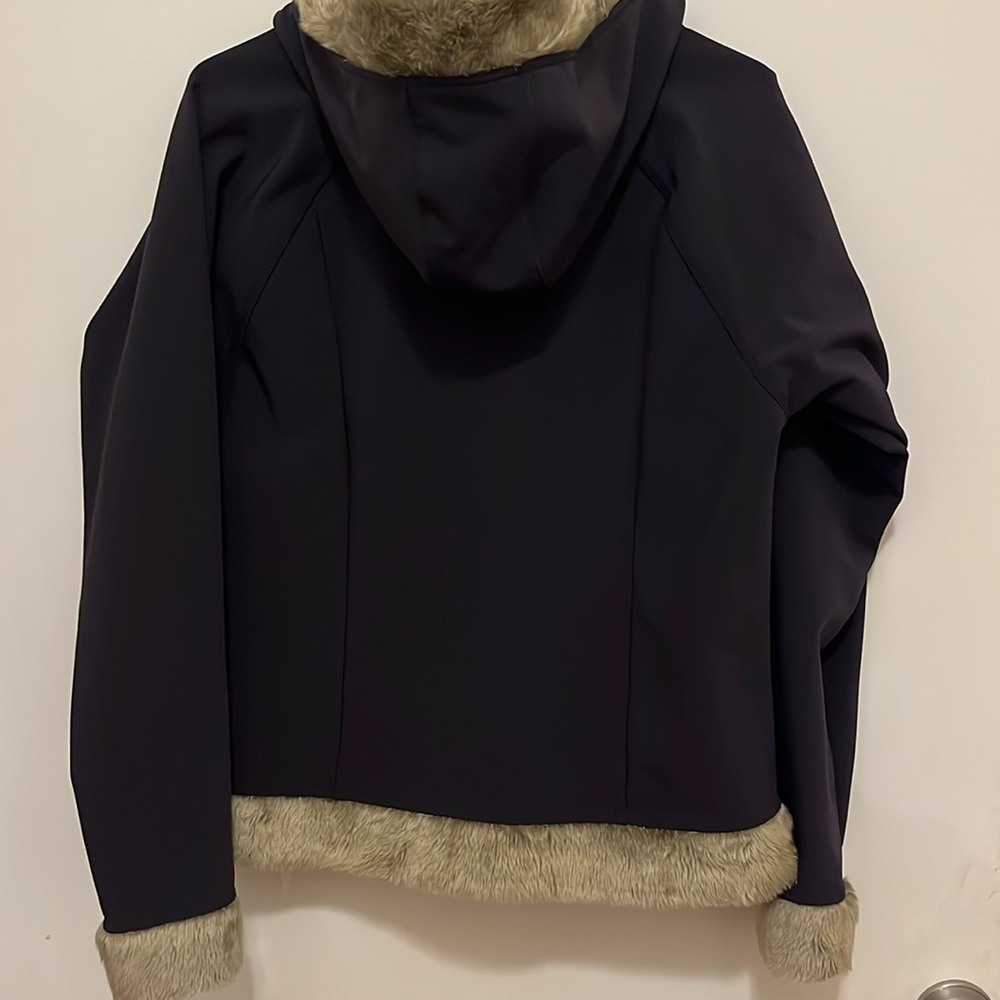Marmot Furlong Jacket Black W/Tan Faux Fur Trim‎ Hooded Zip Front Pockets Large - Picture 5 of 7